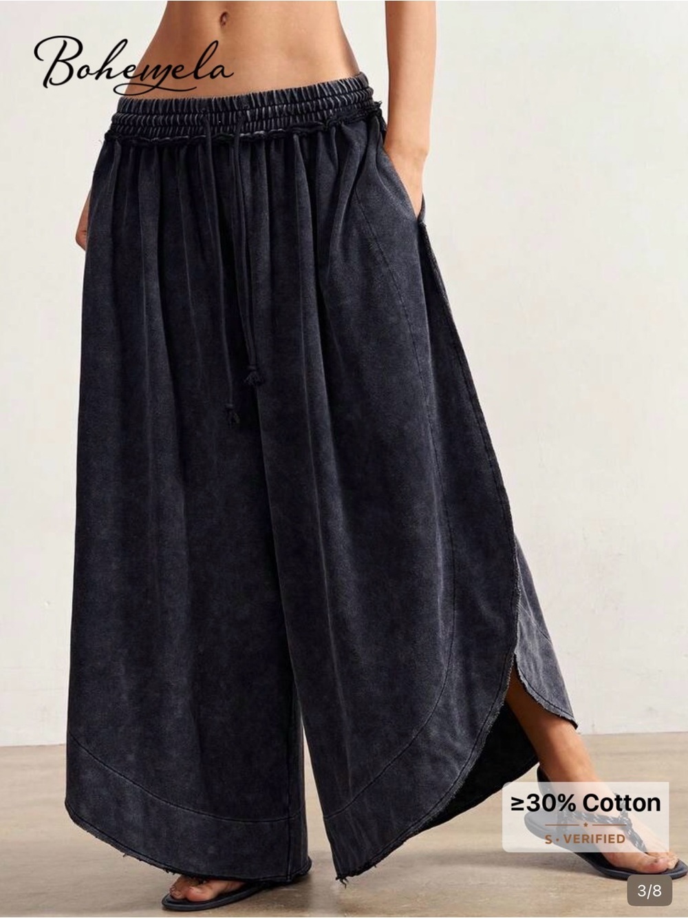 Relaxed Bohemian Wide-Leg Black Women's Pants